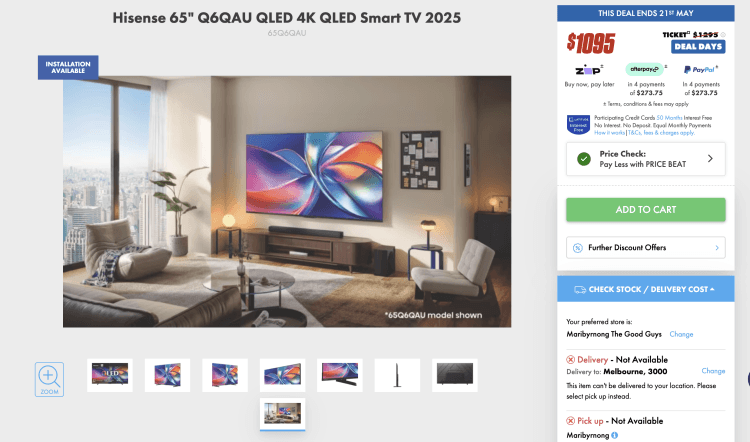 The Good Guys: Hisense 65″ Q6QAU QLED 4K QLED Smart TV 2025 (65Q6QAU) – $1085 with Price Beat